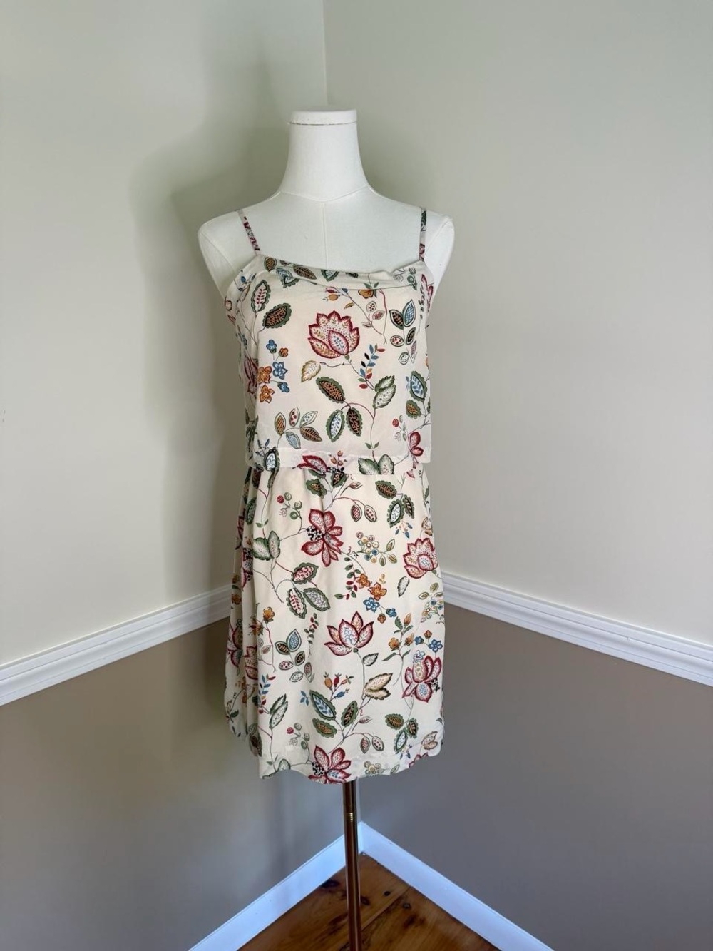Madewell Cream Floral Spaghetti-Strap Mini Dress
